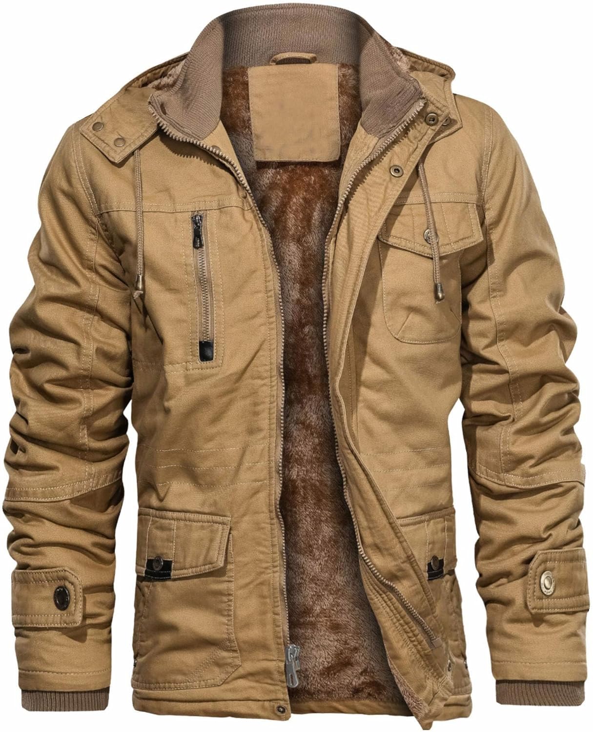 CHEXPEL Men's Thick Winter Jackets with Hood, Fleece Lining, Cotton Military Work Jackets with Cargo Pockets, Outwear